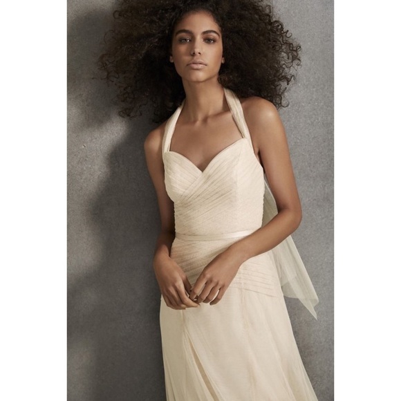 NWT White Vera Wang Pleated Bobbin Net Bridesmaid Dress in Champagne Size 16 - Picture 1 of 15